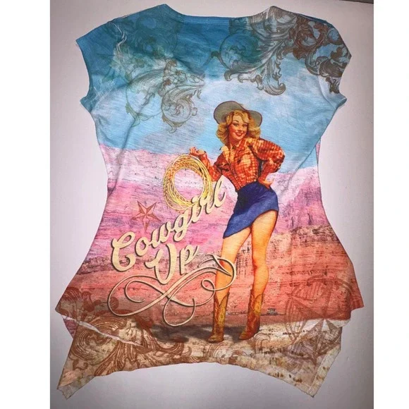 Sweet Gisele Cowgirl Up Pin Up Graphic T Shirt Women's Large - Picture 5 of 6